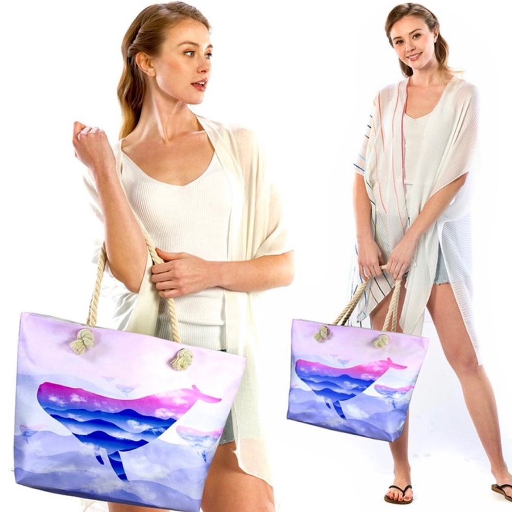 New! Ombré Ocean Whale Rope Handle Tote Travel Bag Beach with pocket - Picture 2 of 12